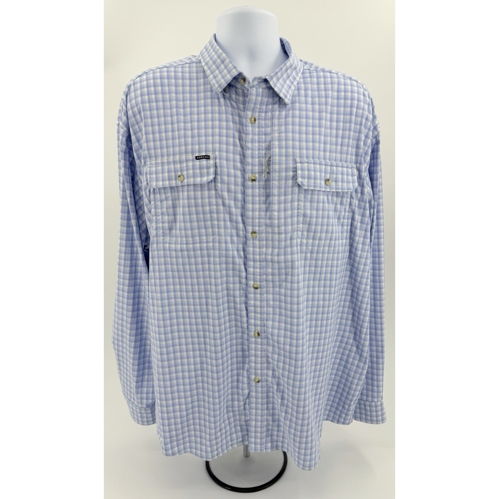 Poncho Fishing Shirt Regular Fit Blue Plaid Magnetic Pockets Vented Men's 2XL